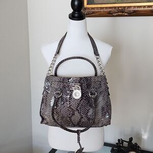 MICHAEL KORS Hamilton Dark Grey Python Snakeskin Prints Small Satchel Bag
